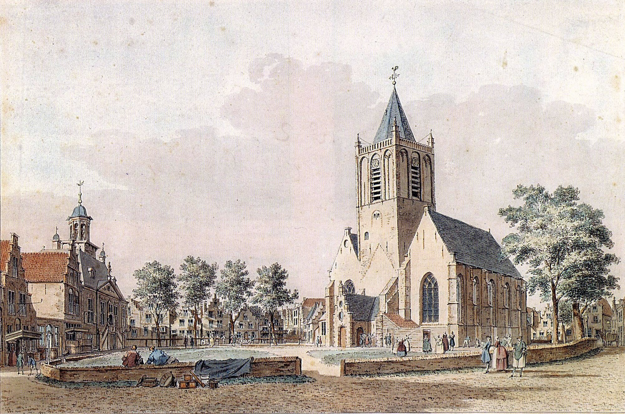 Aquarel van de Grote Kerk door Cornelis Pronk