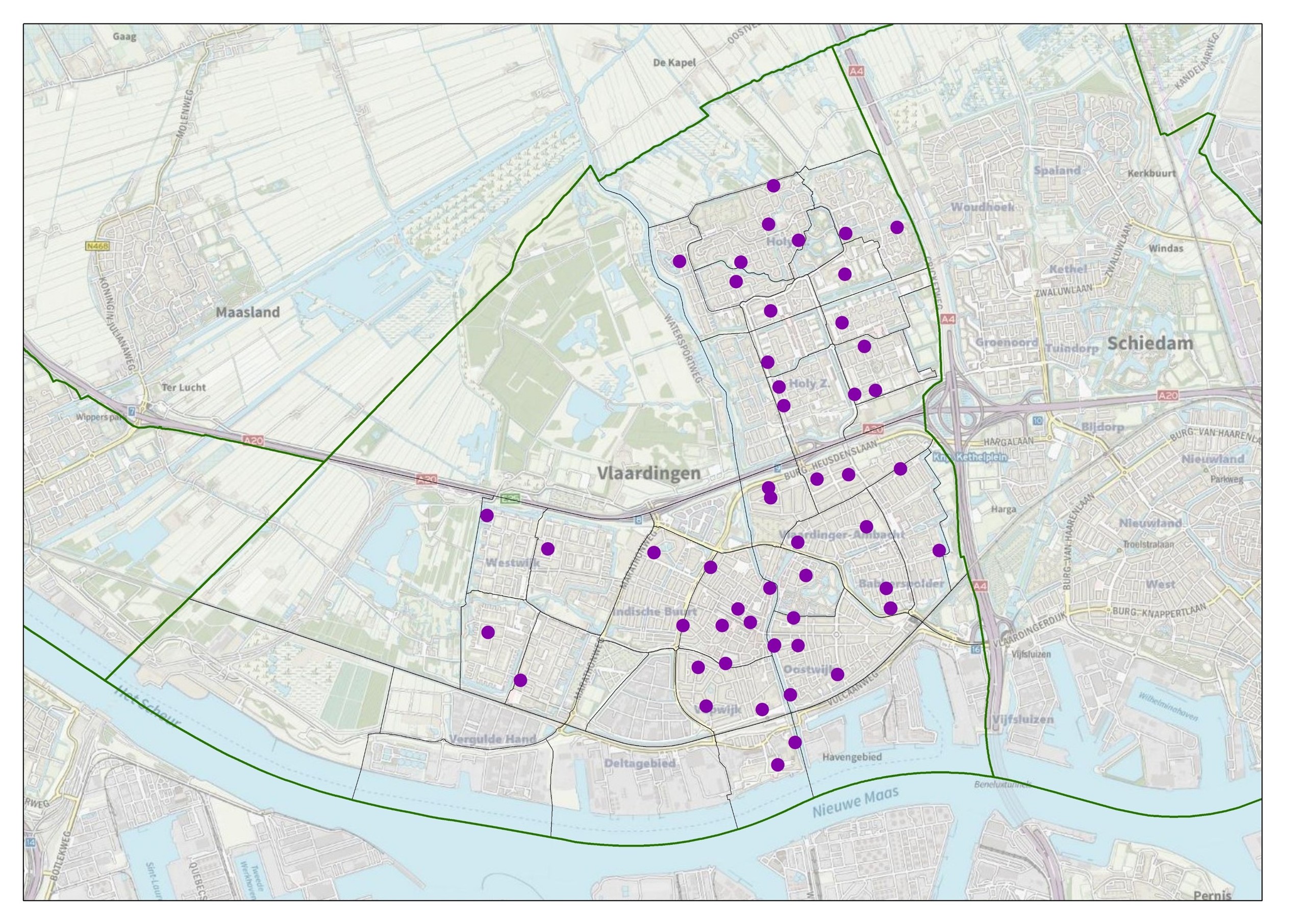 Overzicht van de 50 meetpunten in de stad